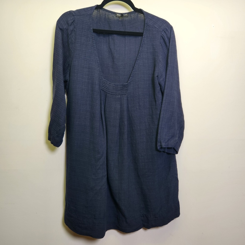 Eileen Fisher Linen Blend Basket Crepe Tunic Top Mini Dress Med 3/4 Sleeves Navy